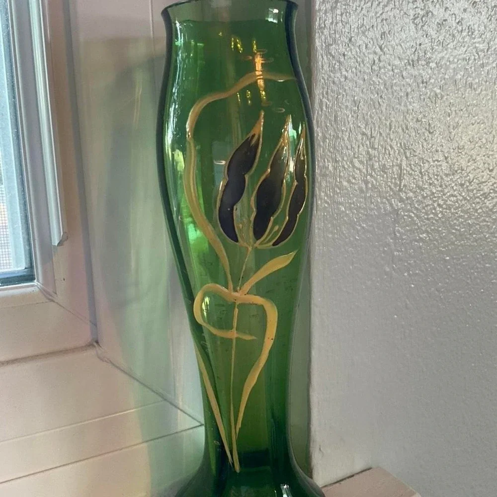 Vintage Green 1970s Handpainted Bottle Vase Gold Design Upcycled Retro Fairy
